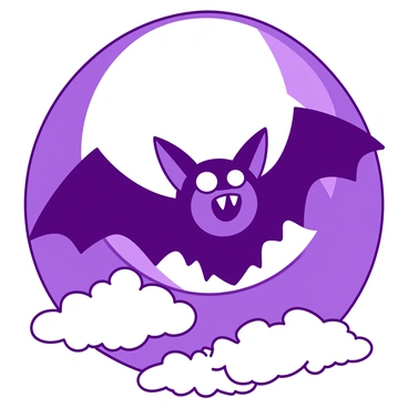 A purple cartoon bat with large vampire fangs is flying beneath a bright white full moon. The bat has exaggerated features, with big round eyes and pointy ears, flapping its wings energetically. Below the moon, there are fluffy white clouds scattered across the night sky. The bat is silhouetted against the moon, creating a vibrant contrast in the scene.