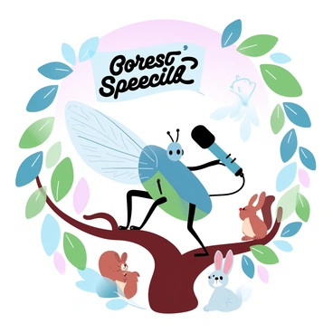 A cicada is holding a microphone with its front legs, standing on a tree branch. The cicada has intricate detailing on its wings, showcasing its natural patterns. Surrounding the cicada are various trees with vibrant green leaves, creating a lush forest setting. Small woodland creatures, such as a squirrel and a rabbit, are gathered around, attentively looking at the cicada. Above, the sky features soft gradient pastel colors transitioning from light pink to pale blue. A small banner hangs from the branches, displaying the words "Forest Speech Day" in stylized letters.