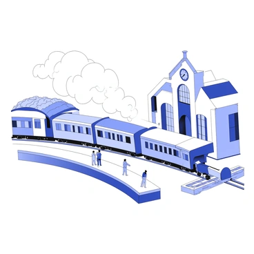 A train with carriages shaped like brains, leaving a station