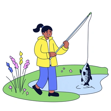 A small fisherwoman is standing on a green riverbank, holding a fishing rod with a large fish being reeled in. She has dark hair tied back in a ponytail and is wearing a yellow raincoat. The fish is splashing in the water, its scales glistening in the sunlight. Surrounding her are tall grasses and a few small wildflowers. In the background, the river flows gently, with a few tree branches extending overhead.