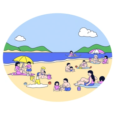 A sandy beach on Hokkaido's coastline with gentle waves lapping at the shore. Families are spread across the beach, some building sandcastles with bright buckets and shovels. Others are relaxing on colorful beach towels under large umbrellas providing shade. A few children are splashing in the water, while parents supervise nearby. In the background, the clear blue sky is dotted with a few fluffy white clouds. There are distant green hills framing the beach scene.