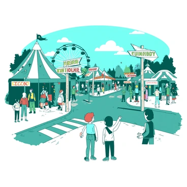 A teal bustling crossroads in a carnival is filled with people enjoying the festive atmosphere. Colorful tents and booths surround the area, each adorned with bright decorations. Multiple signs made of wood, painted in vibrant colors, point to various attractions such as "Ferris Wheel," "Funhouse," and "Cotton Candy." There are children laughing and playing as they gaze at the attractions. The sky above is clear, enhancing the joyful and lively scene of the carnival.