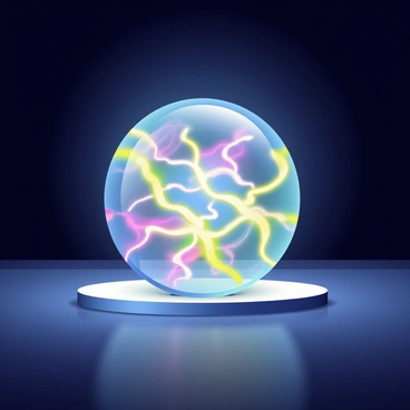 A glowing plasma ball is placed on a sleek surface in the center of a dark room. The plasma ball emits a vibrant light, casting a multicolored glow that illuminates the surrounding area. Colorful electric arcs are dancing and swirling inside the ball, creating dynamic patterns of blue, purple, and yellow. The dark background enhances the vividness of the electric arcs, making them appear even more striking against the shadows of the room. The surface beneath the plasma ball reflects some of the light, adding to the overall intensity of the scene.
