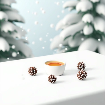 A snowy table covered in a white tablecloth is set outdoors, with gently falling snowflakes in the air. On the table, there is a beautifully presented "crème brûlée dessert" in a small, elegant ramekin, its golden, caramelized top glistening under the soft winter light. Surrounding the dessert are several "pinecones" of varying sizes, scattered artfully across the table. The background features soft, blurred evergreen trees dusted with snow, enhancing the festive winter atmosphere.
