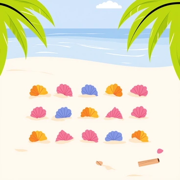 A tropical retreat with seashells arranged as an advent calendar on the beach