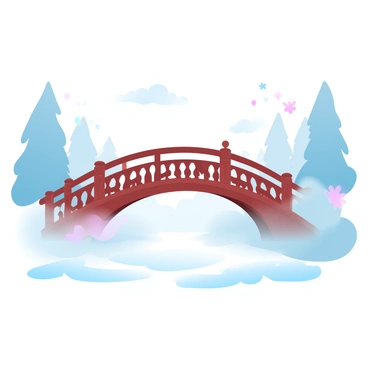 A delicate wooden bridge is arching gracefully through a foggy landscape, with the fog partially obscuring the view of the surrounding trees. The bridge features intricate carvings along its railings, showcasing craftsmanship. Mist drapes over the ground, creating a dreamlike effect as it swirls around the base of the bridge. In the distance, hints of vibrant greenery and colorful flowers emerge, suggesting a hidden land that lies beyond the fog. Soft, pastel colors dominate the scene, enhancing the ethereal atmosphere of the environment. The overall composition invites exploration and captures the allure of the mysterious destination ahead.