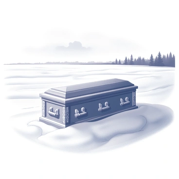 A casket is placed in the center of a vast snow-covered landscape. The casket is ornately designed, featuring detailed carvings on its surface. The surrounding snow is undisturbed, with soft, gentle drifts creating a serene blanket across the ground. In the background, there are silhouettes of distant trees, their branches heavy with snow. The atmosphere is still and calm, with a hint of a clouded sky overhead, casting soft shadows across the scene.