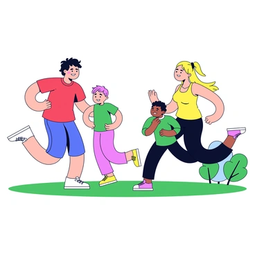 A family of four is in their backyard, all engaged in jumping jacks. The father is wearing a red t-shirt and blue shorts, while the mother is in a yellow tank top and black leggings. The two children, a boy and a girl, are in colorful outfits, with the boy in a green shirt and the girl in a pink dress. They are all smiling and appear to be enjoying their exercise. The grass is lush and green, and there are a few trees in the background, completing the cheerful scene.