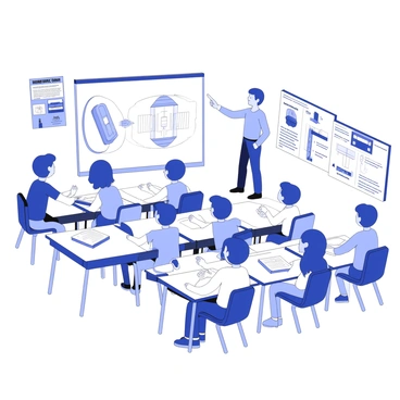A classroom setting filled with children sitting at their desks. They are attentively listening to an instructor at the front of the room. The instructor is pointing towards a large illustration of a smoke detector on a whiteboard. There are various fire safety posters displayed on the walls, showing fire escape routes and safety tips. Some children are raising their hands to ask questions. A few have notebooks open in front of them, taking notes on the topic. The atmosphere conveys focus and engagement in learning about fire safety.
