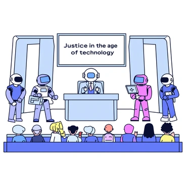 A futuristic courtroom setting with sleek, metallic walls and glowing accents. In the center stands a large, robotic judge with a polished silver exterior and luminous blue eyes, positioned behind a transparent bench. To one side, a robot lawyer is shown with a compact body, wearing a digital briefcase and displaying a holographic interface. On the opposite side, another robot lawyer is present, featuring articulated limbs and a robotic suit that adapts in color to its surroundings. The gallery is filled with smaller robotic observers, some taking notes on digital pads. "Justice in the age of technology" is displayed prominently on a screen above the judge's bench.