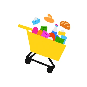 A shopping cart icon with various products popping out in a dynamic, playful manner