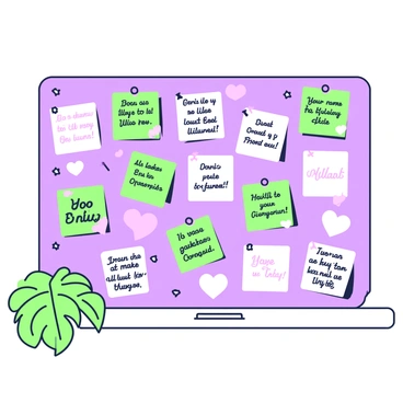 A bulletin board is filled with an assortment of sticky notes. Each sticky note displays messages of kindness and affirmation, written in various handwriting styles. The notes are arranged in a colorful pattern, overlapping slightly at the edges. Some notes are shaped like hearts while others are rectangular. The background of the bulletin board is wooden, and there are small pushpins visible, holding the sticky notes in place. A green plant sits at the bottom corner of the bulletin board, adding a touch of nature to the scene.