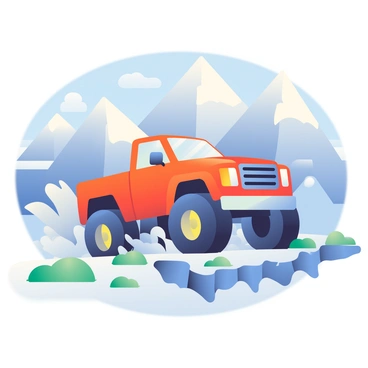 A bright orange truck with large, off-road tires is driving across a rugged tundra landscape. The truck is kicking up snow and dirt as it navigates over uneven terrain. In the background, tall snow-capped peaks rise majestically against a clear blue sky. Sparse patches of green vegetation dot the ground, contrasting with the white snow. The sun casts sharp shadows, highlighting the truck's bold features and the texture of the landscape.