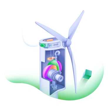 A modern pastel illustration depicting the inner workings of a wind turbine. The turbine is shown in a cutaway view, highlighting its internal mechanisms. Visible components include large rotating blades at the top, connected to a gearbox and generator located at the base. The illustration includes a tower structure, with detailed gears and a control panel visible inside. The background features a gentle gradient, complementing the turbine's design while maintaining focus on its inner mechanisms.
