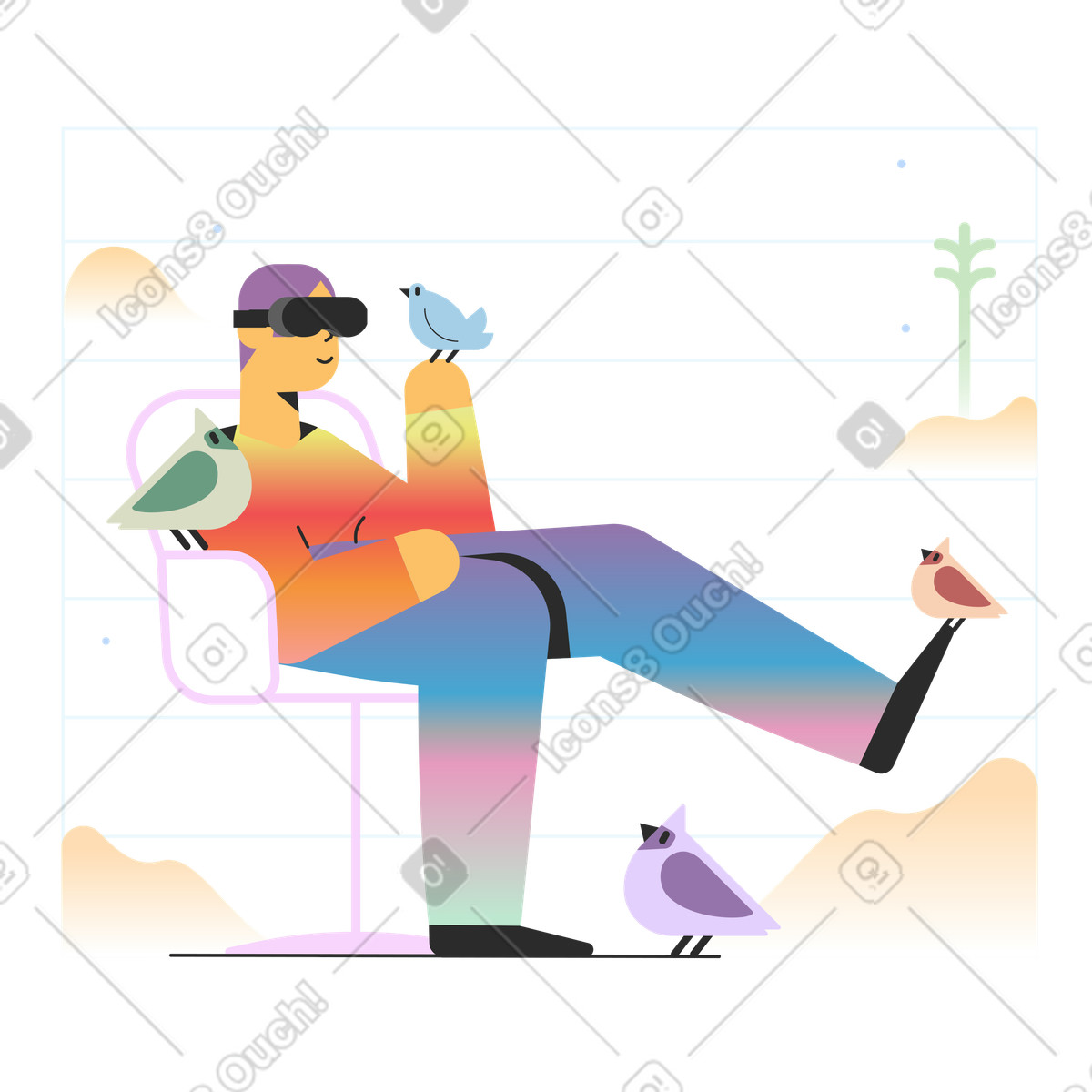 Ilustración Hombre con auriculares vr pájaros a su alrededor en estilo Marginalia descargar en PNG y SVG