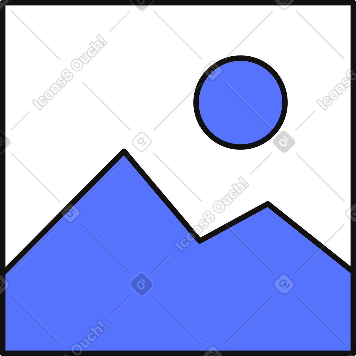Иллюстрация Image gallery thumbnail template with stylized mountains and sun inside frame в стиле Main — скачать в форматах PNG, SVG