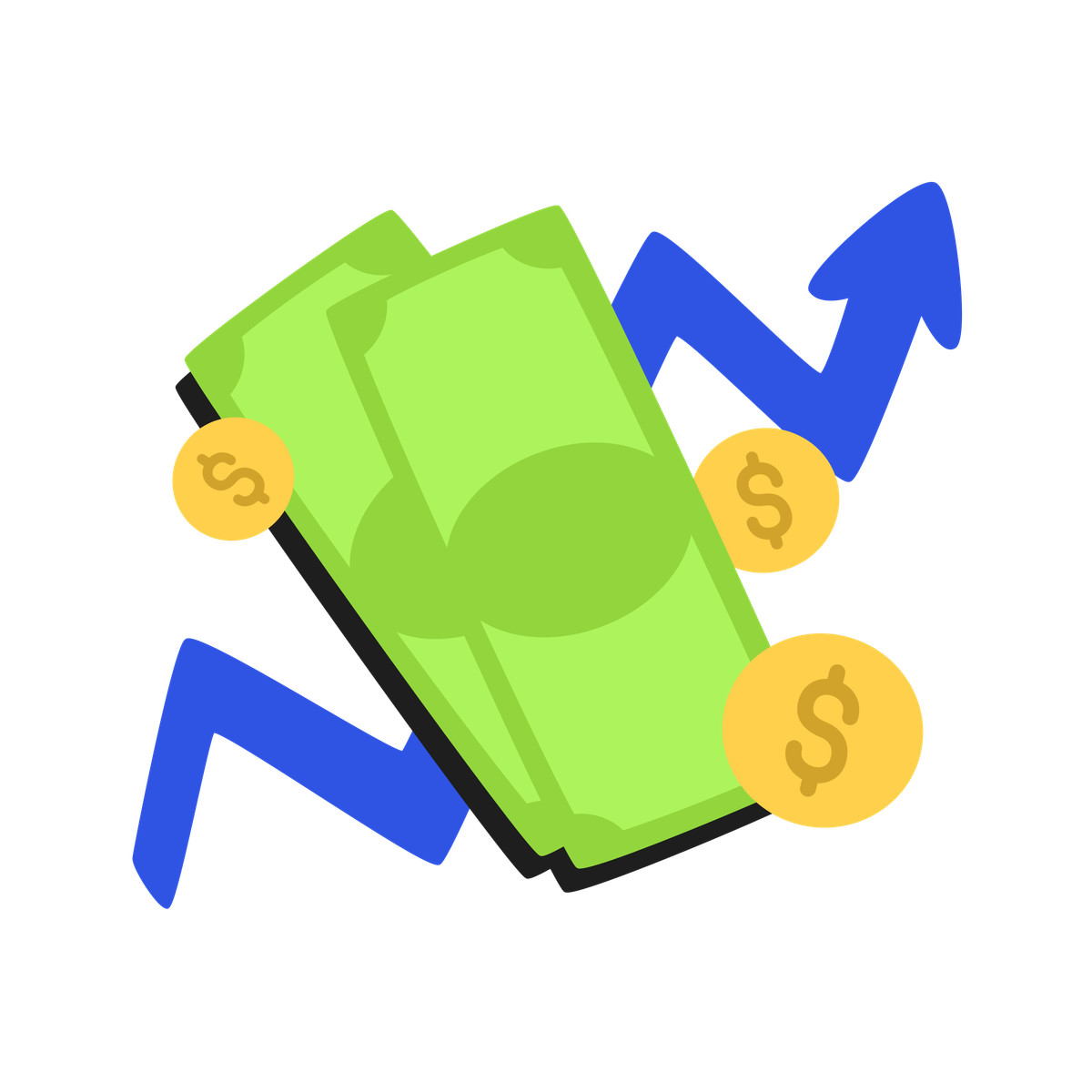 Graph of financial growth, banknotes and coins-Illustration im Bouncy-Stil als Download in PNG, SVG