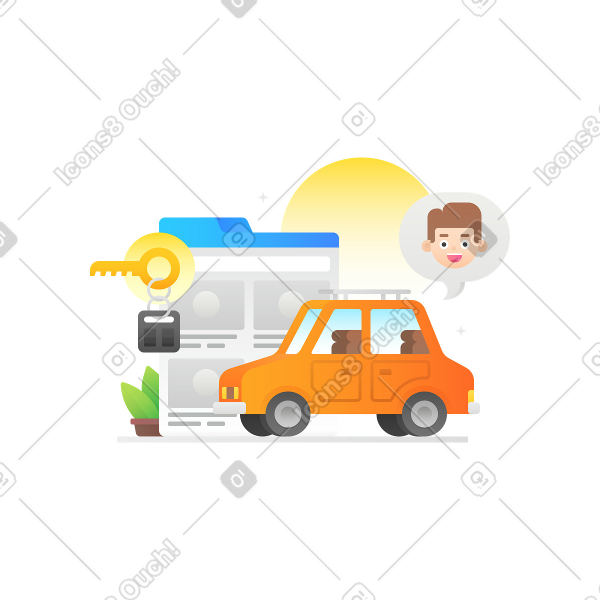 Keys to car rented from car dealership illustration in Hugo style download in PNG, SVG
