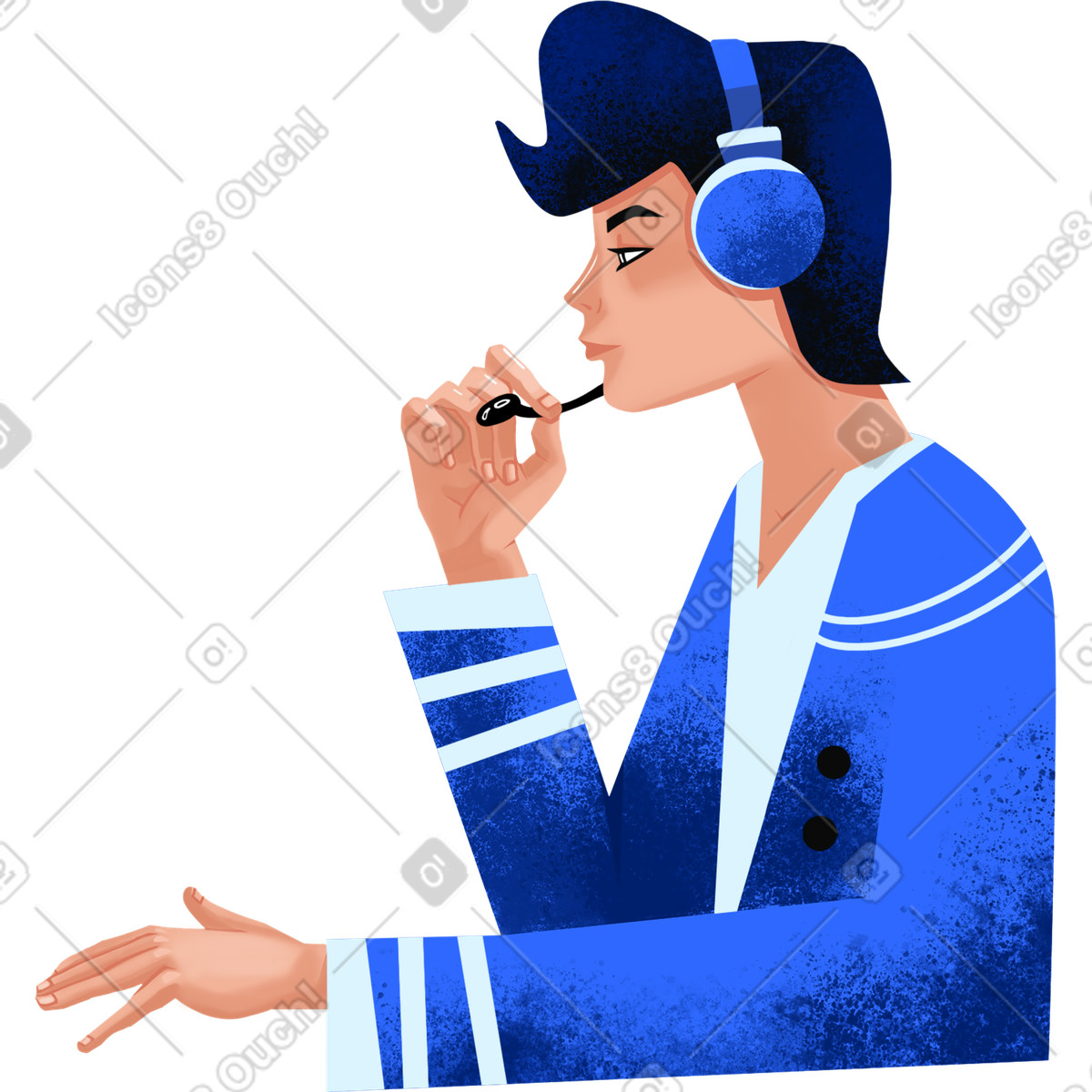 下载 Flare 风格的 Man in a blue jacket speaks into microphone over headphones 插画，支持 PNG、SVG 格式