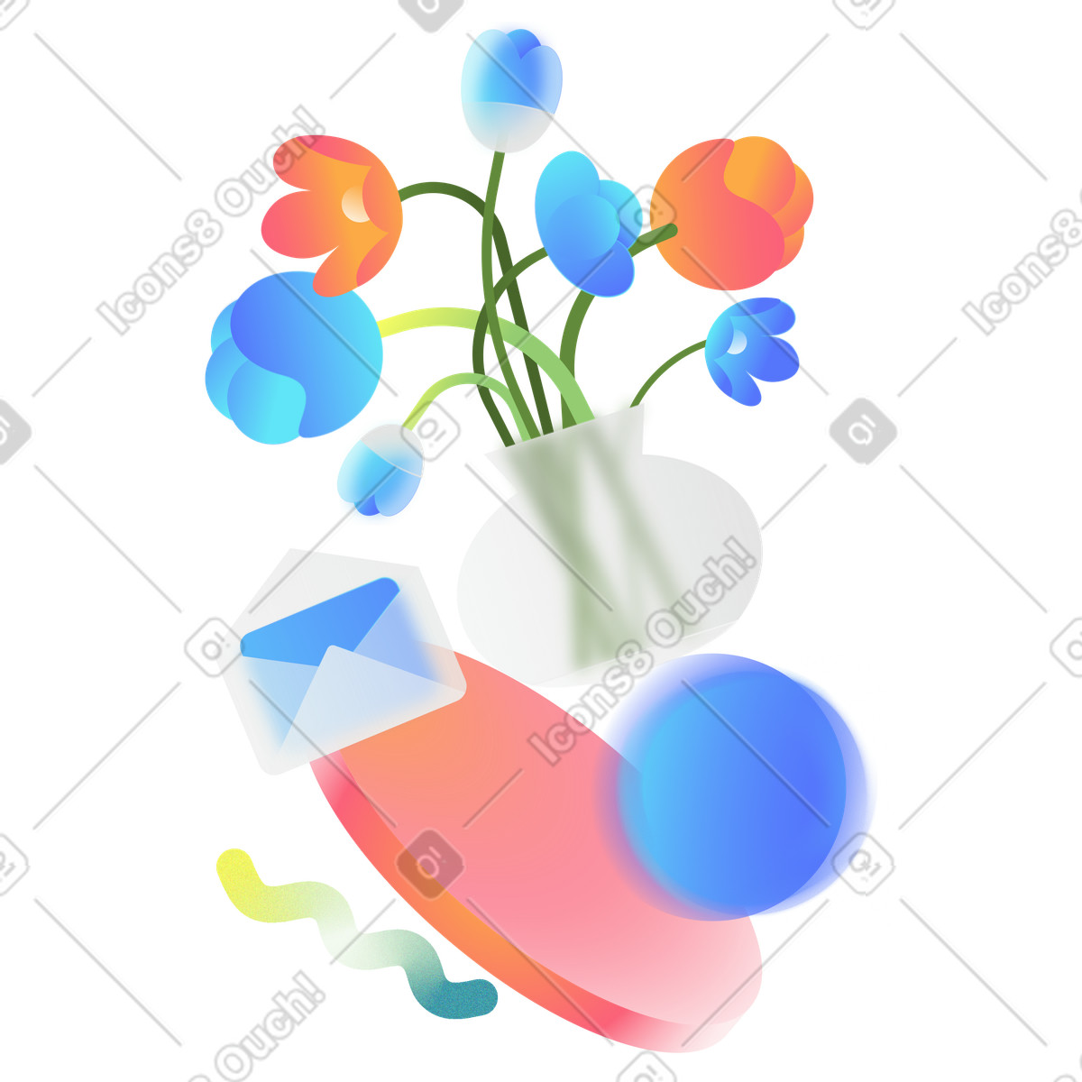 Illustration Vase avec fleurs, lettres et formes géométriques dans le style Morphis à télécharger aux formats PNG, SVG