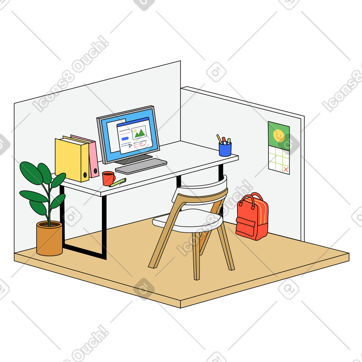 Office workspace: desk, computer, chair illustration in PNG, SVG