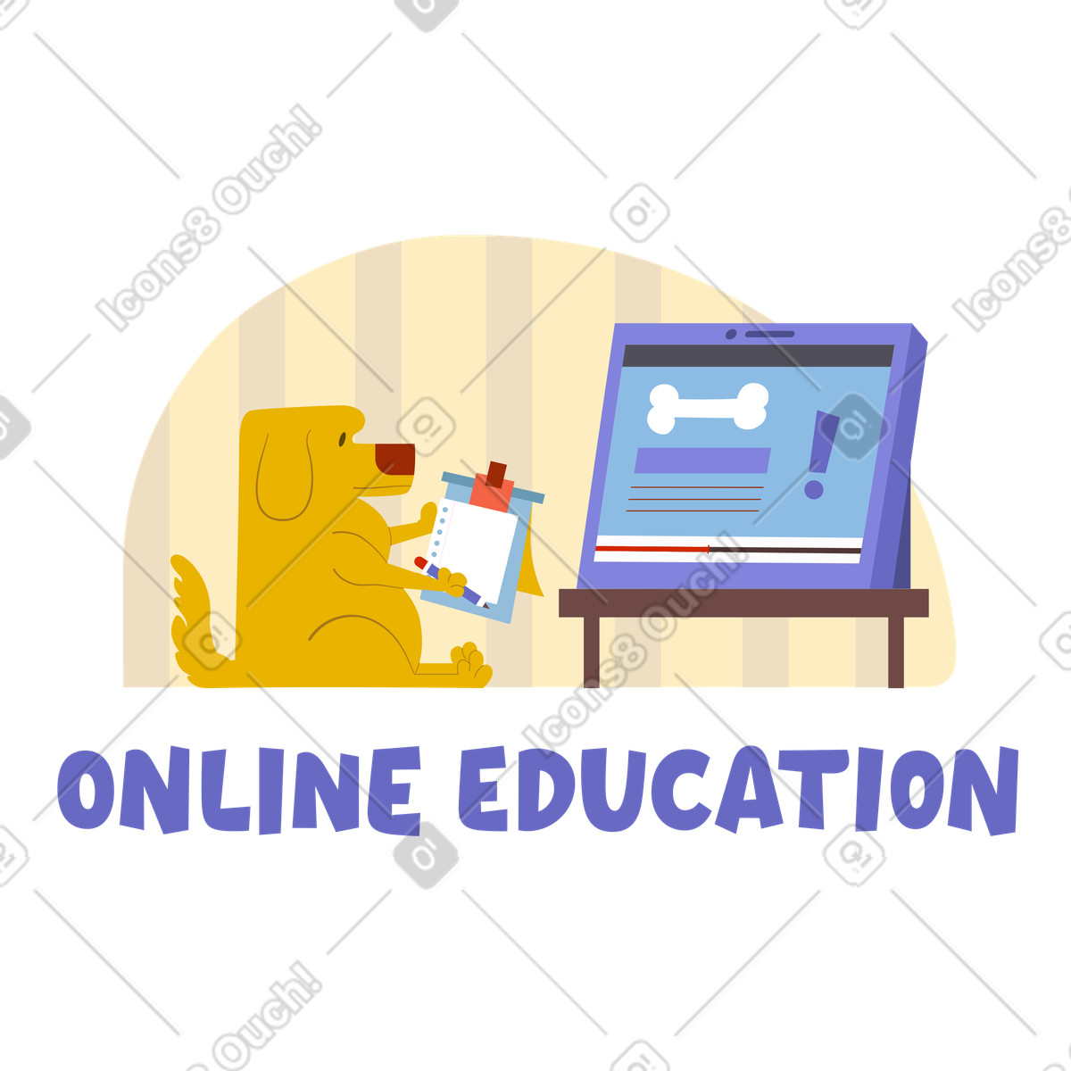 Online education text with dog attending class illustration in Woof style download in PNG, SVG
