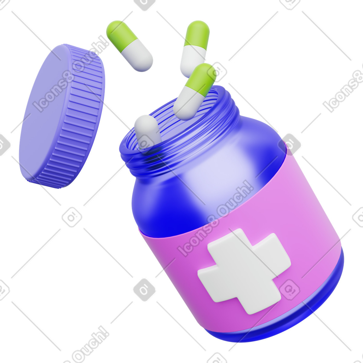 Ilustração de Pills bottle with capsules spilling out and open screw lid em no estilo 3D Playful para baixar em PNG, SVG