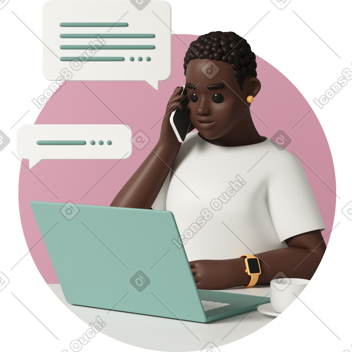 Ilustração de Woman working on laptop and talking mobile phone em no estilo 3D Casual life para baixar em PNG, SVG