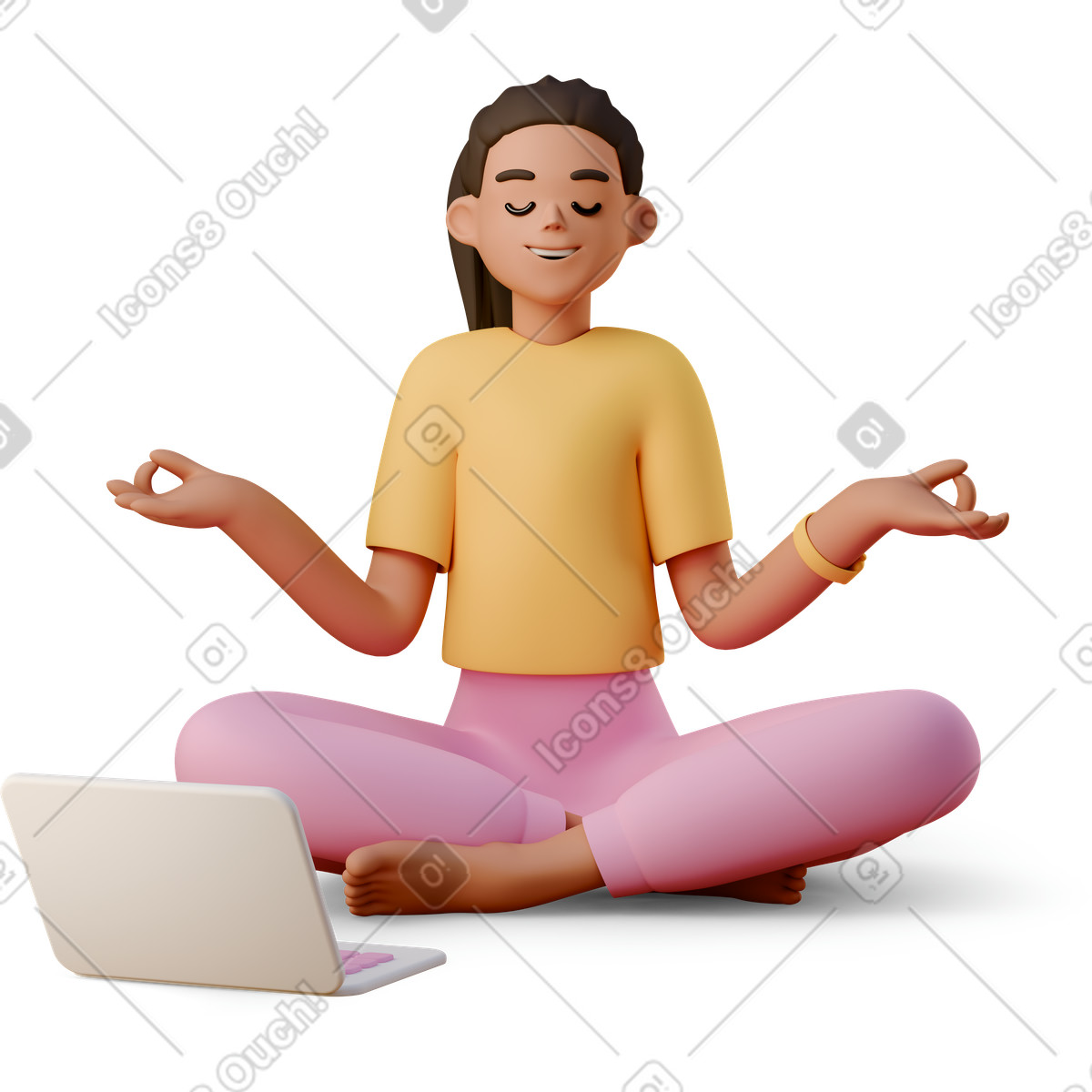 3D Casual life スタイルの Young woman meditating with laptop のイラストをPNG、SVG形式でダウンロード