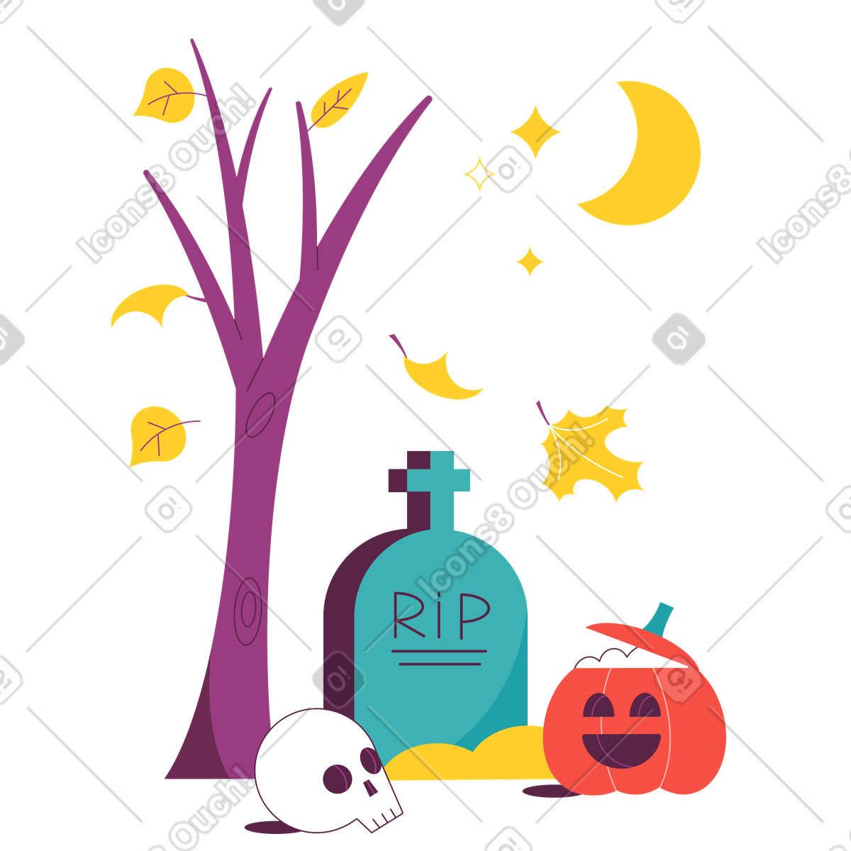 Ilustración Tumba de noche halloween con calavera y linterna en estilo Sammy a descargar en PNG SVG