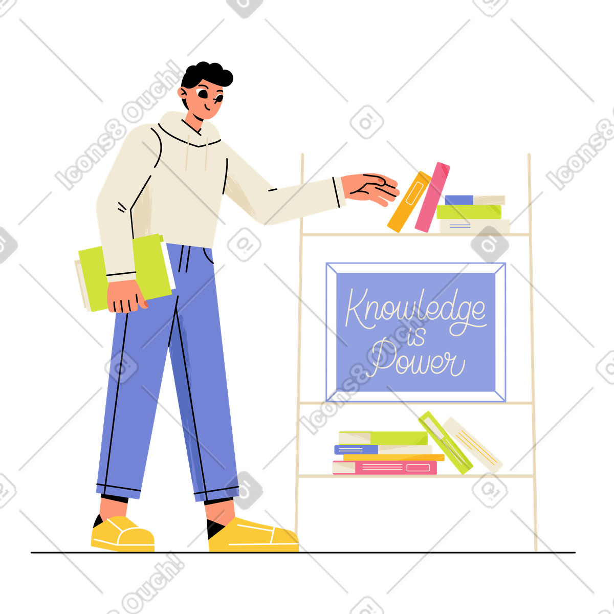 Juicy スタイルの Student picking book from bookshelf, Personal growth and studying のイラストをPNG、SVG形式でダウンロード