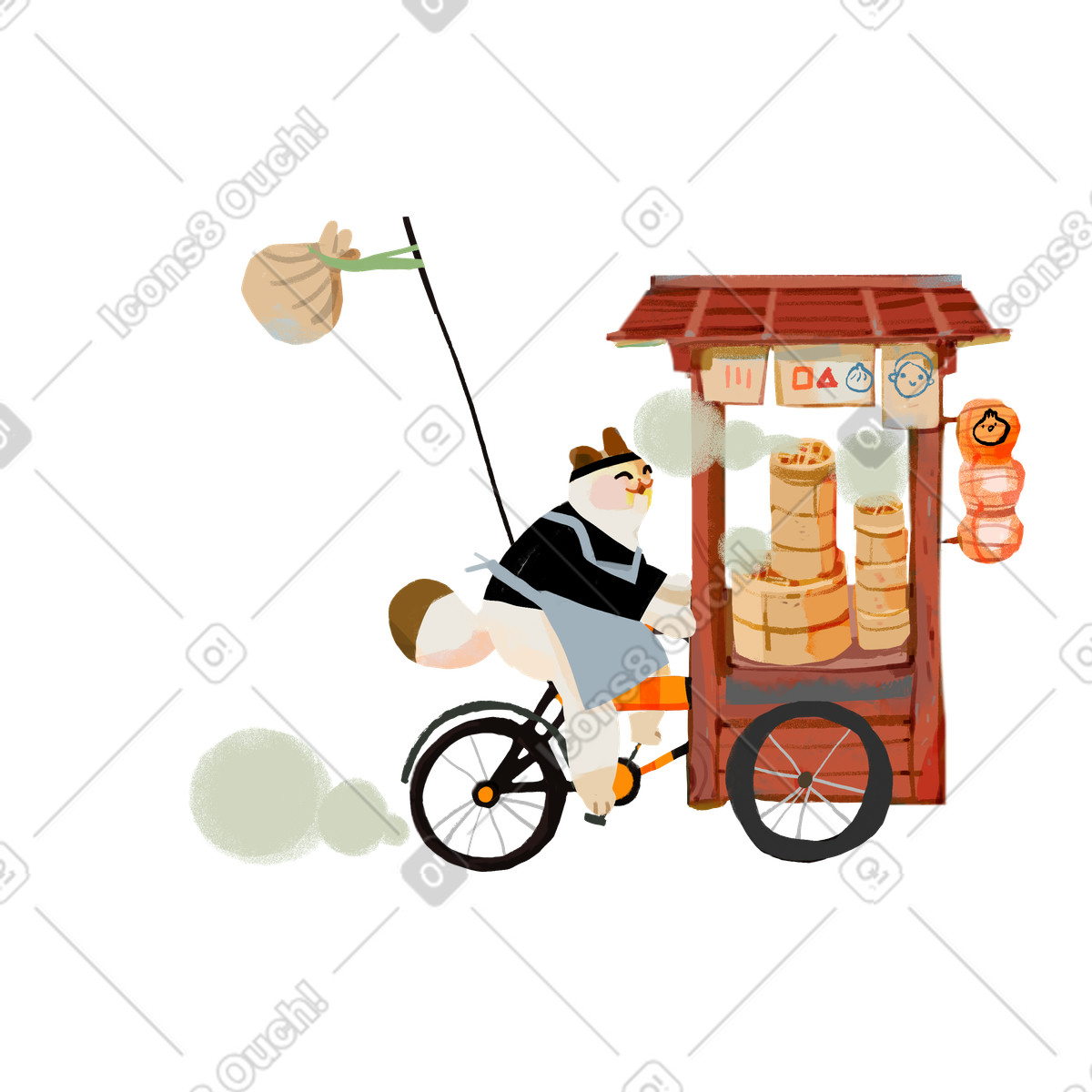 Ikigai スタイルの 自転車に乗って配達中のアジアの猫 のイラストをPNG、SVG形式でダウンロード