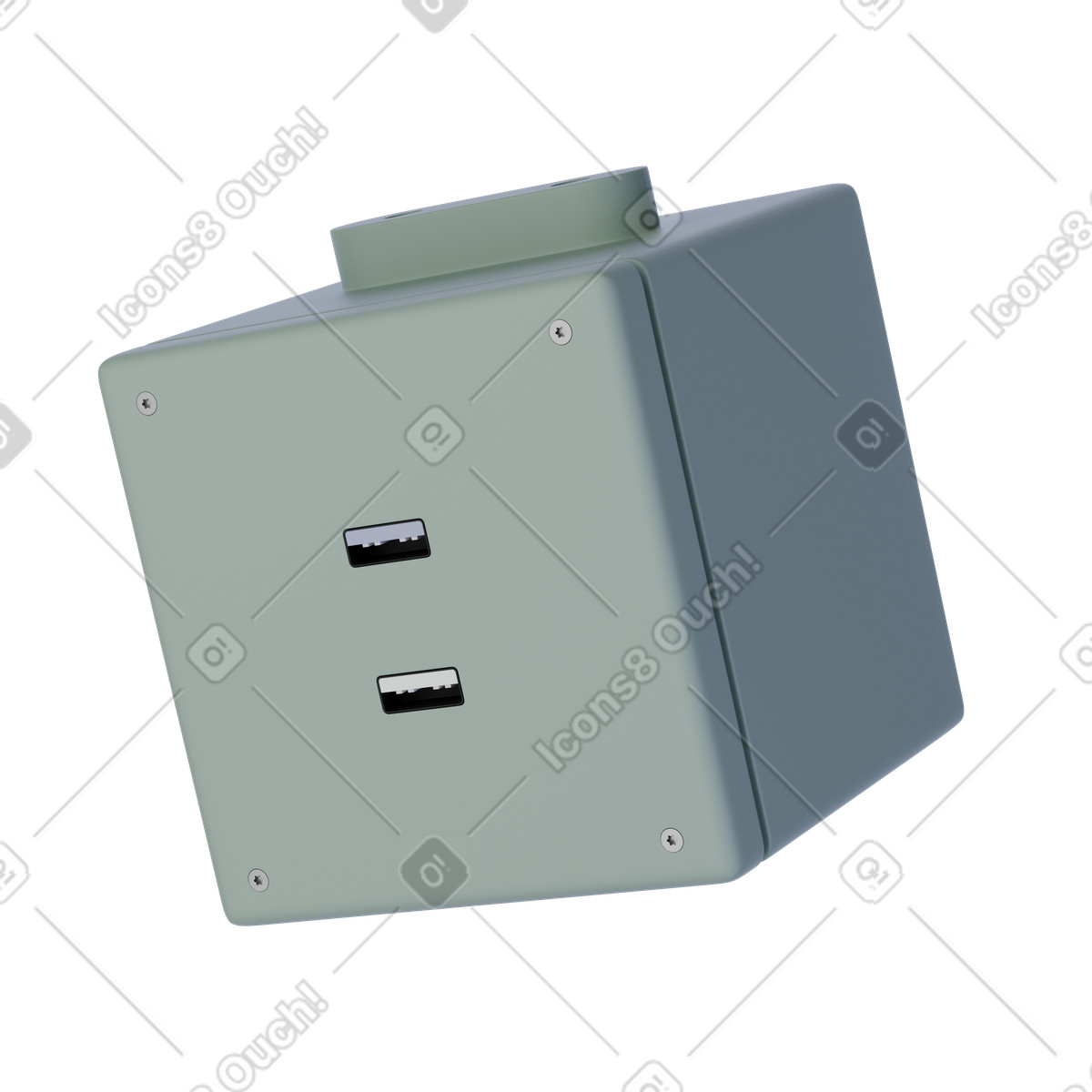 Ilustración Green usb hub power strip cube, Extension socket adapter, Electrical outlet render en estilo 3D Product a descargar en PNG y SVG