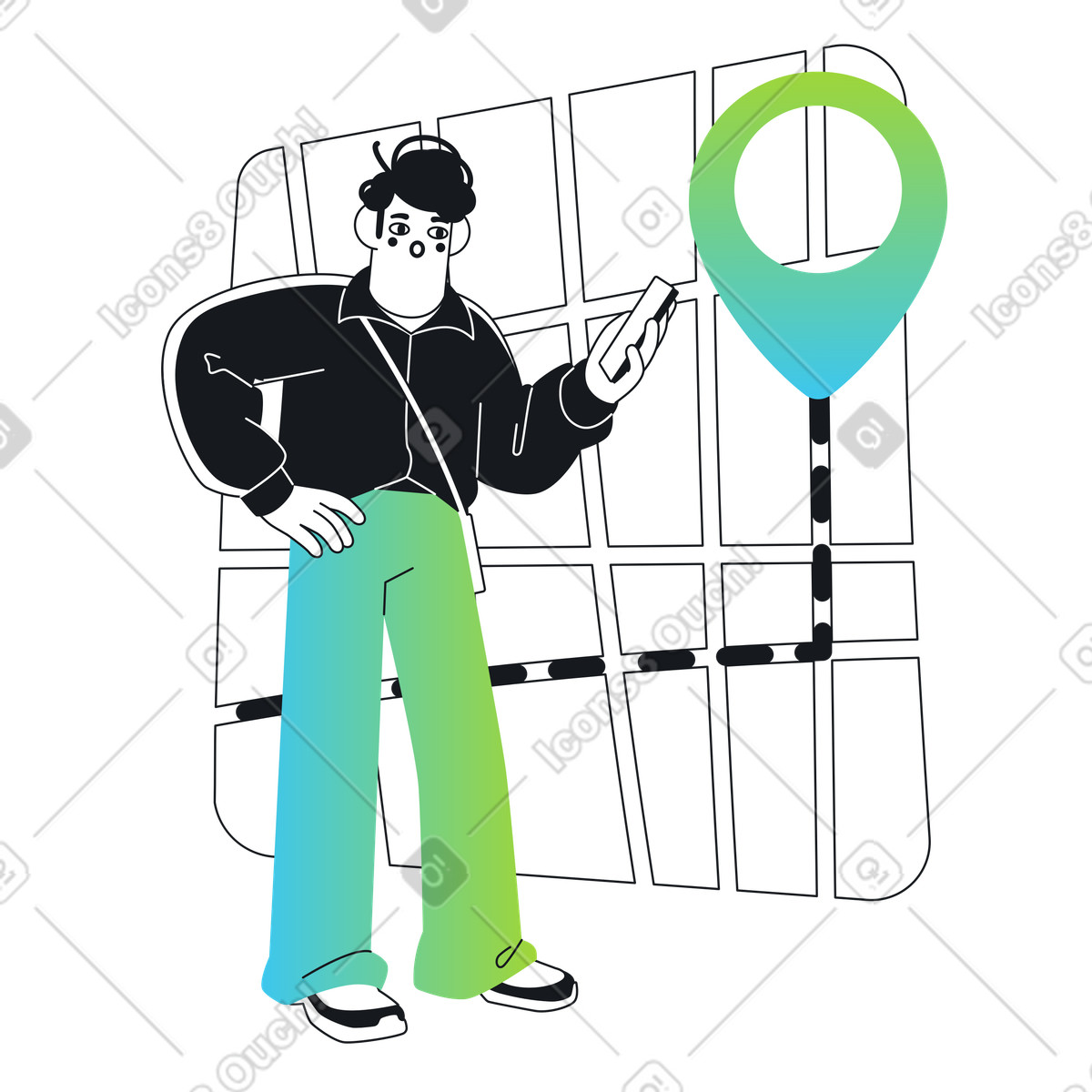 Ilustração de Using a navigation app on phone, GPS location and route planning em no estilo Breeze para baixar em PNG, SVG