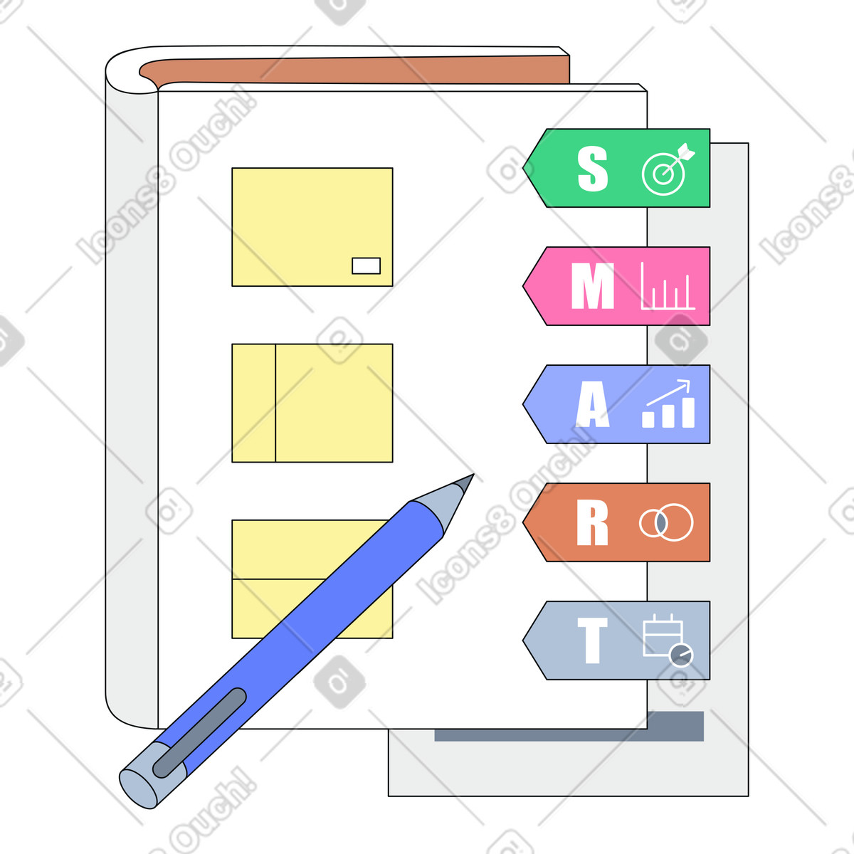 SMART goal framework, Task planning with SMART criteria, Goal setting methodology illustration in Teko style download in PNG, SVG