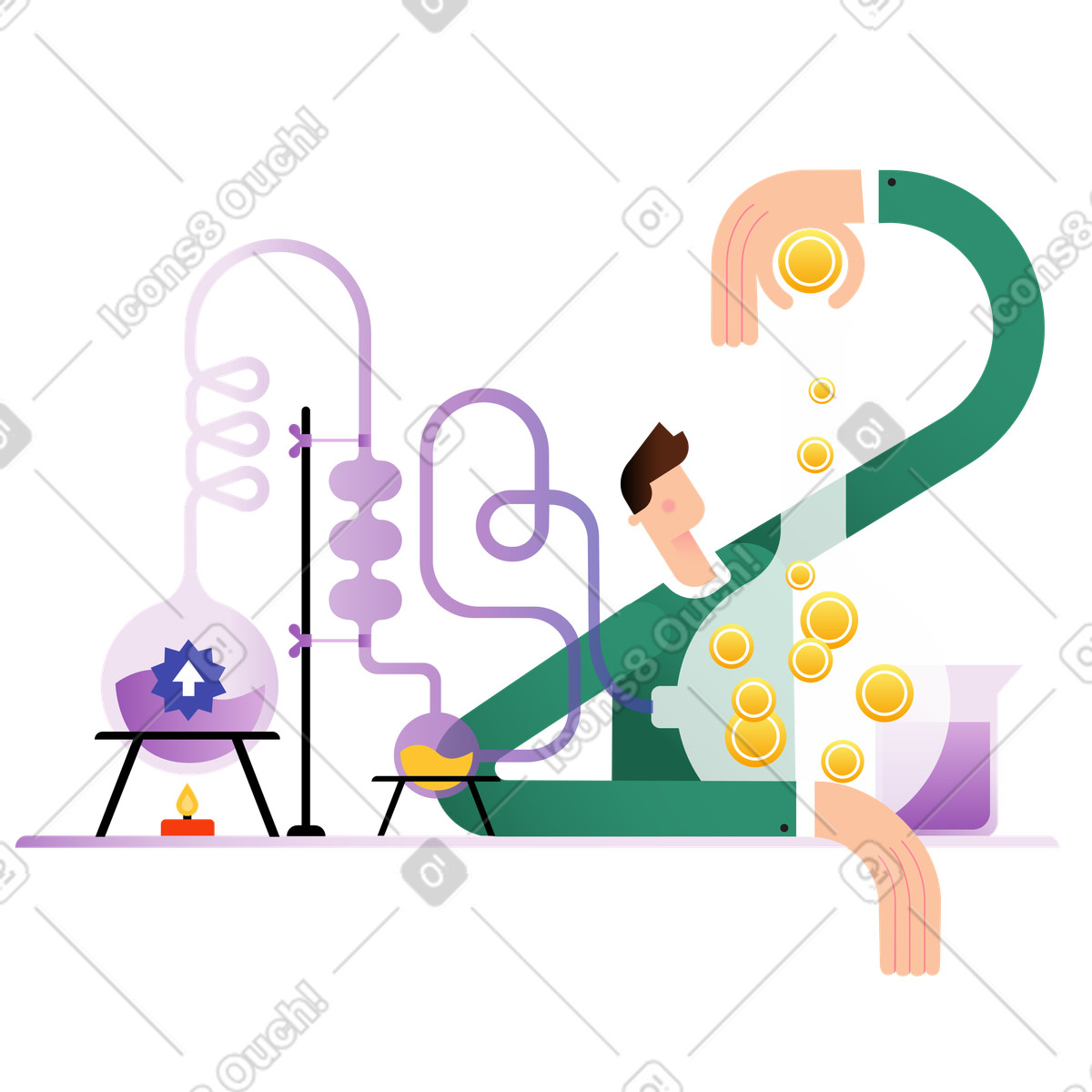 Illustration Guy travaillant sur des investissements à l'aide d'outils chimiques dans le style Wavy télécharger aux formats PNG, SVG