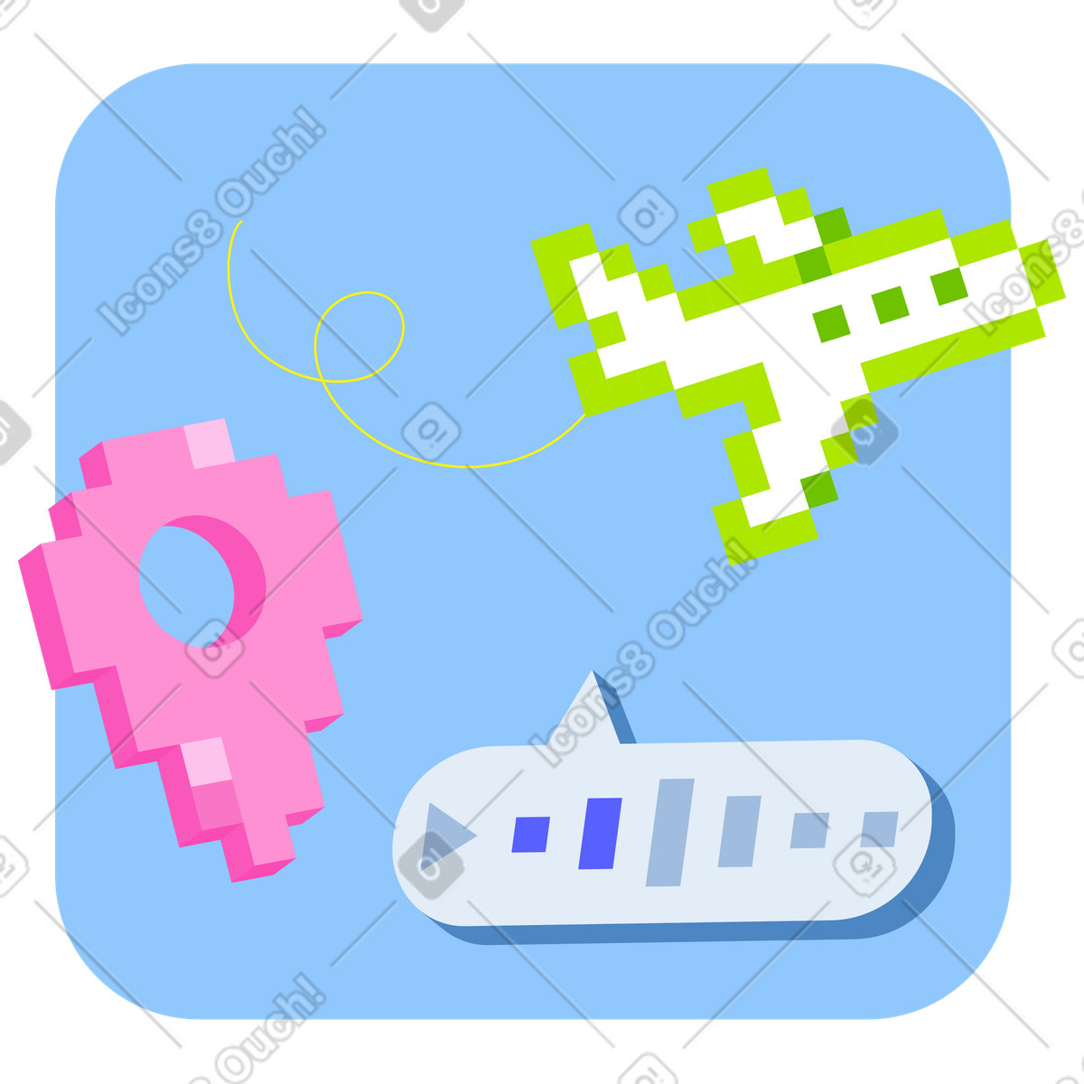 Traveling by plane, location pin and audio guide illustration in 8bit style download in PNG, SVG