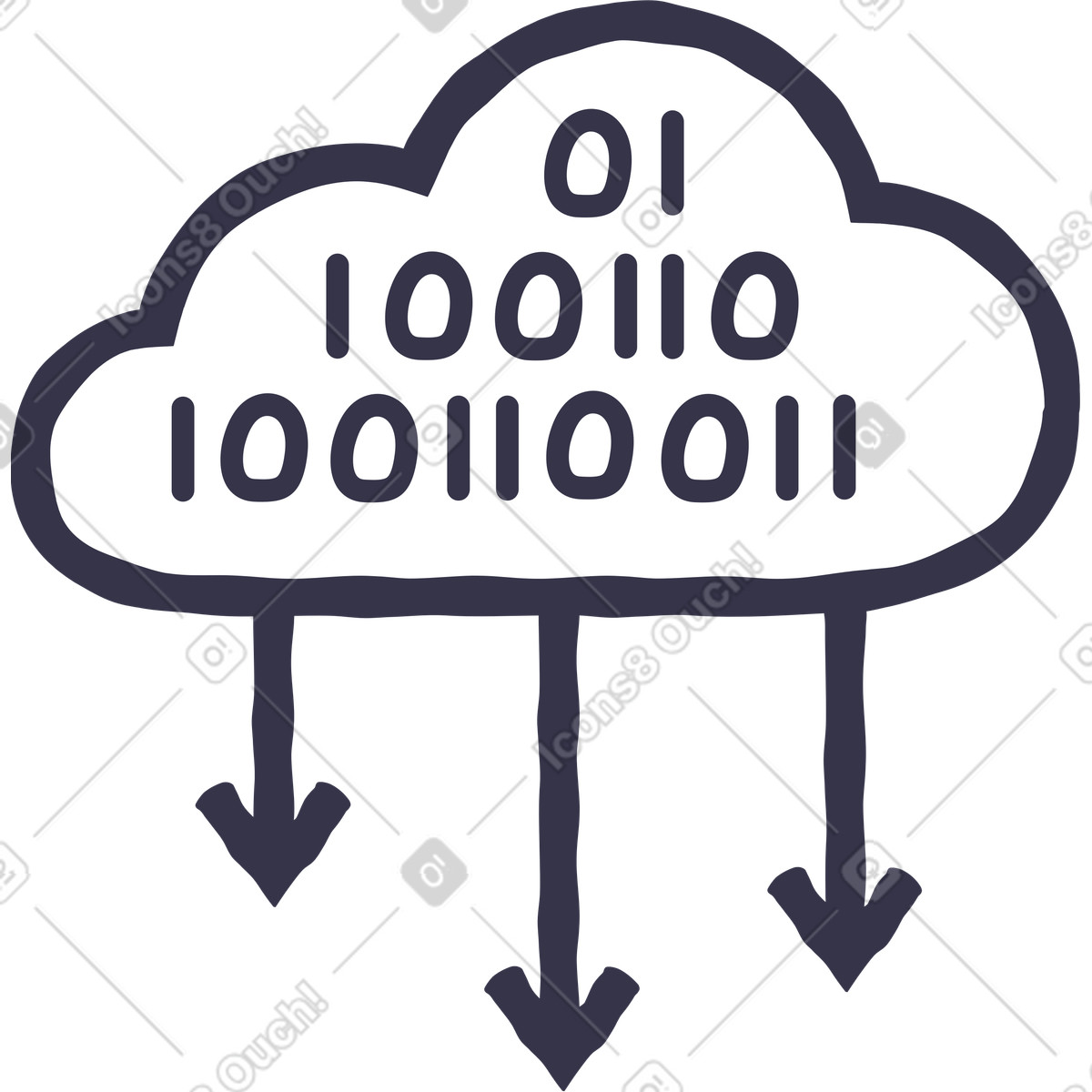 下载 Stripy 风格的 Black outline cloud with three arrows down and binary code inside 插画，支持 PNG、SVG 格式