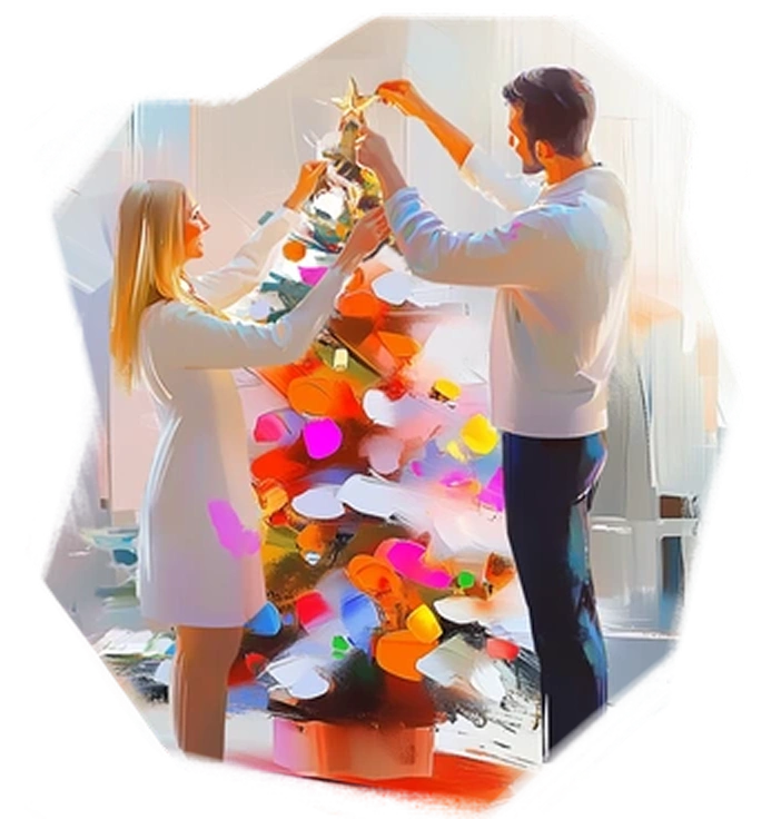 A couple decorating a Christmas tree together - Pictorial style illustration