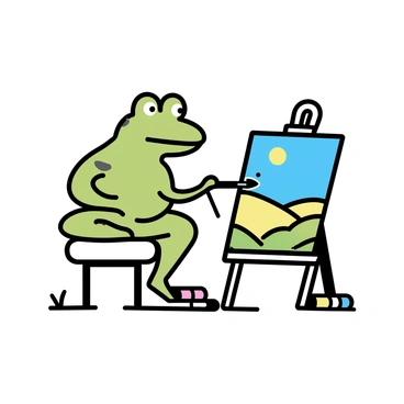 A green toad, with textured skin and bulging eyes, is sitting on a small stool. The toad is holding a paintbrush in its right hand, poised above a canvas that is set on an easel. The canvas showcases a vibrant landscape filled with rolling hills and a bright blue sky. The toad's left hand rests on the edge of the easel, and various paint tubes in a rainbow of colors are scattered around the base of the canvas. The scene is set in a simple outdoor environment with a few blades of grass in the foreground.