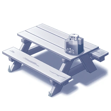A lighter resting on a wooden picnic table. The lighter has a unique design with several intricate patterns. The wood of the table has a rustic texture, showing visible grains and knots. The picnic table is set outdoors, with some blades of grass visible around its edges. The setting conveys a casual and relaxed atmosphere, suggesting a sunny day.