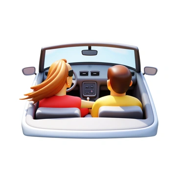 A white convertible car interior with two passengers sitting comfortably. One passenger has wind-swept hair and is smiling while enjoying the breeze. The other passenger is wearing sunglasses and leaning back, relaxed in their seat. The dashboard of the car features sleek controls and a shiny steering wheel. Sunlight filters through the open roof, casting soft shadows inside the car. The scene conveys a sense of leisure and joy on a pleasant day.
