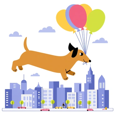 A dachshund with brown fur is holding onto a cluster of colorful balloons with its mouth. The dachshund is flying above a city skyline filled with tall buildings and rooftops. The balloons are vibrant, featuring shades of red, blue, yellow, and green, contrasting against the clear blue sky. Below, the streets are bustling with small cars and people going about their day, providing a lively backdrop to the scene. The dachshund's ears are flapping in the wind as it gracefully ascends among the clouds.