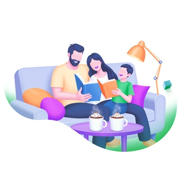 A family sitting together on a couch, reading books while enjoying hot chocolate.