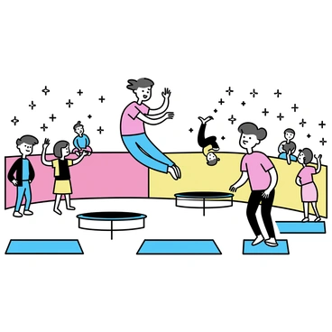 An indoor trampoline park filled with people. One person is performing a backflip in the center of the park. Another individual is executing a trick on a trampoline nearby. The walls of the park are painted in bright colors, including red, blue, and yellow, adding a vibrant atmosphere. Several spectators are watching the performances, showing expressions of excitement. Safety mats are placed strategically around the trampolines.