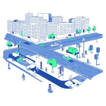 A bird's eye view of a city with cars, traffic lights, and pedestrians illustrating the function of traffic management