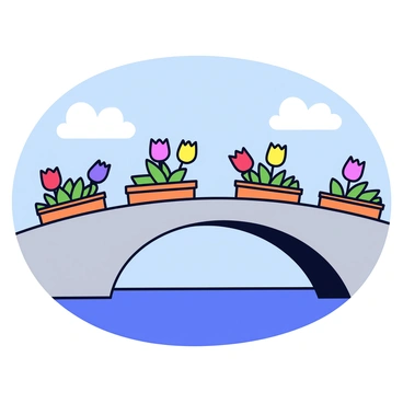A bridge in Annecy with an arched design made of stone. The bridge is decorated with colorful, vibrant blooming flowers in various shades of red, pink, yellow, and purple. The flowers are placed in rectangular flower boxes on both sides of the bridge, overflowing with greenery. The background features a clear blue sky and small fluffy white clouds, enhancing the bright colors of the flowers. The scene represents the freshness of springtime.
