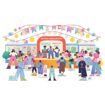 A vibrant festival scene is taking place with numerous colorful decorations hanging above, including banners in shades of pink, blue, and yellow. Various booths are set up, each displaying unique art pieces that represent gender equality. People of diverse backgrounds and ages are walking around, some engaged in discussions about the importance of women's contributions to the arts. A large wooden stage at the front features a group of performers, showcasing music and dance that highlight themes of equality and empowerment. Brightly colored balloons float above the crowd, and tables are adorned with flowers and pamphlets promoting the event's message.