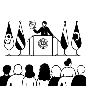 A politician standing confidently at a podium, holding a folded speech in one hand. The podium displays the seal of the nation prominently. The backdrop features the flags of the nation, arranged symmetrically. There are microphones positioned in front of the podium. The politician is dressed in a formal suit, conveying a sense of authority and readiness. On the floor, a group of attentive audience members can be seen, waiting in anticipation for the address to begin.