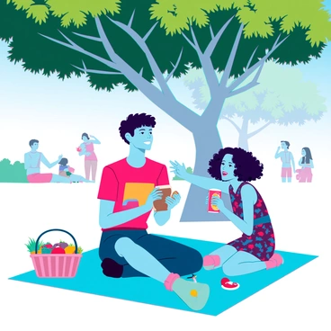 A big brother with dark hair and a bright t-shirt is sitting on a blue picnic blanket. He is smiling and holding a sandwich in one hand. Next to him is his younger sibling, a girl with curly hair wearing a colorful dress, reaching for a juice box. They are surrounded by a basket filled with fruits and snacks. Above them, a large tree with thick green leaves provides shade. In the background, there are other people enjoying the park, with a clear blue sky and soft clouds visible.